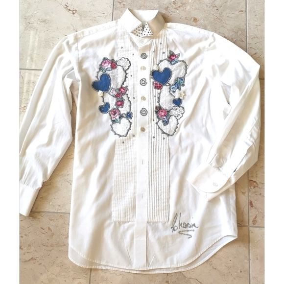 VINTAGE White top blouse tuxedo shirt Artisan - Picture 3 of 8